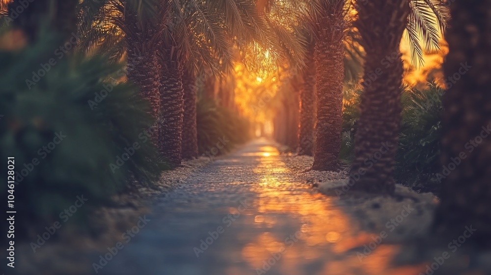 Poster a pathway through a palm tree grove bathed in golden light from the setting sun.