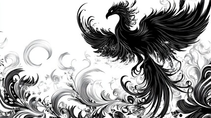 Black and White Abstract Bird with Floral Motifs