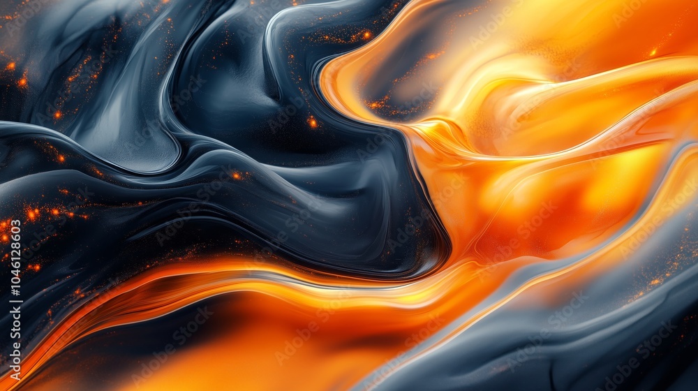 Poster abstract background with swirling liquid shapes in orange, black and grey colors, creating an artist