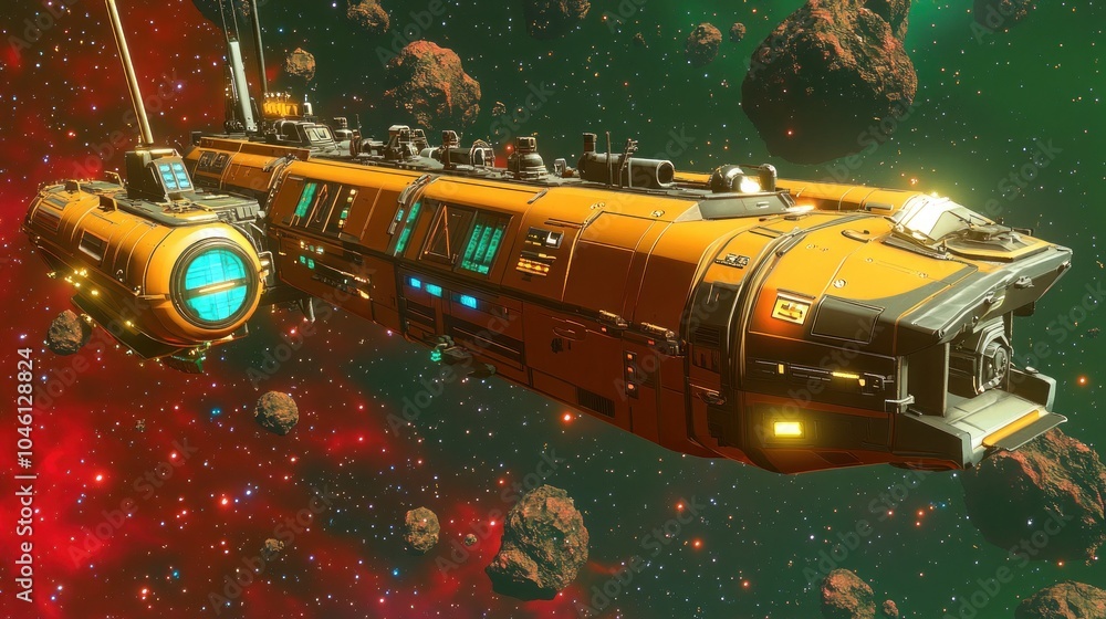 Poster A futuristic spaceship with a sleek design and a yellow hull travels through space. It is surrounded by asteroids and a starry sky.