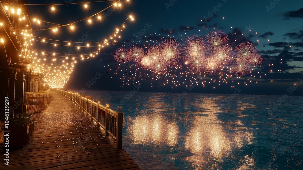 Canvas Prints a coastal boardwalk decorated with strings of lights, overlooking a sparkling ocean filled with refl