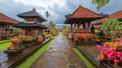 Obraz premium Serene Balinese Temple Pathway with Colorful Flowers