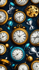A seamless pattern of various clocks and hourglasses on a dark blue background.