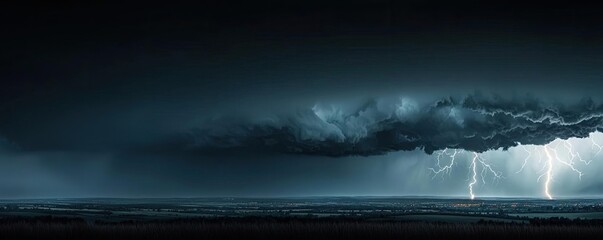Fototapeta premium Dramatic thunderstorm with dark clouds and lightning over the ocean.
