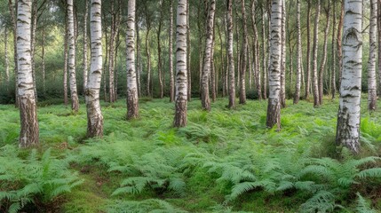 Obraz premium Lush Green Ferns in a Birch Tree Forest