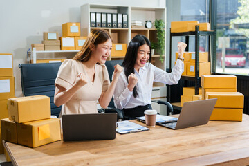 Two young female entrepreneurs work together in warehouse with parcel boxes, wooden tables, and shelves. prepare sales brochures, social media templates, business proposals for small online business.