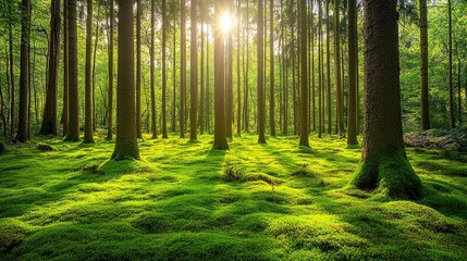 Obraz premium Tranquil Forest Scene with Sunlight Through Trees