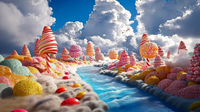 Whimsical candyland scene with colorful lollipop trees and a candy-filled river, all set under a bright blue sky with fluffy clouds. Video