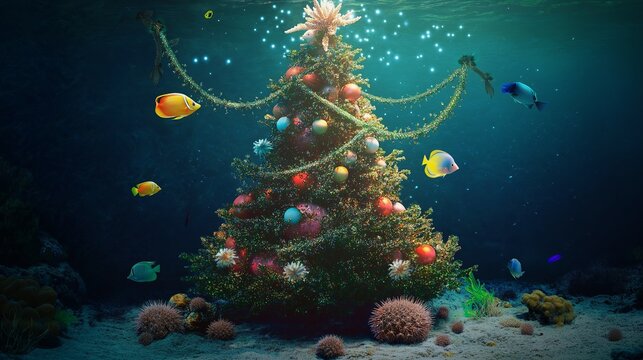 A coral Christmas tree in the middle of a reef, adorned with sparkling sea urchins and swaying kelp garlands. Colorful fish and tiny crabs add to the festive atmosphere.