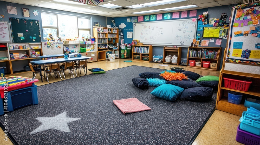 Poster a colorful and inviting classroom with a reading corner, tables, a whiteboard and a bookshelf.