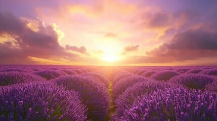 Fototapeta premium Lavender Fields Under a Colorful Sunset Sky