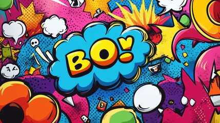 Bright and playful doodles burst with speech bubbles, capturing an energetic atmosphere filled with sound effects like booms and bangs. Generative AI