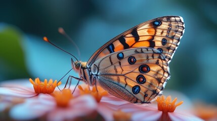 A PNG close-up of a butterfly resting on a colorful flower, with its wings outstretched.