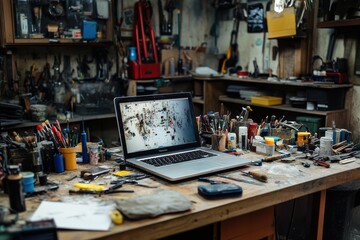 A laptop sits on a busy workbench filled with tools, paint, and crafting supplies, suggesting a productive creative environment. Generative AI