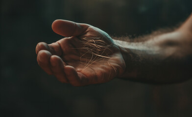 Obraz premium A hair loss concept, middle age male receding hairline or balding. A man holds hair in his outstretched hand as a result of thinning hair, hair loss , Close up, macro photography.