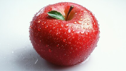 A PNG of a bright red apple with a single drop of water on the surface, ready to eat.
