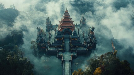Serene Temple Surrounded by Misty Landscape