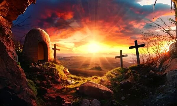 An empty tomb with a crucifixion scene silhouetted against the sunrise, symbolizing the resurrection. The early morning light casts a golden glow over the scene