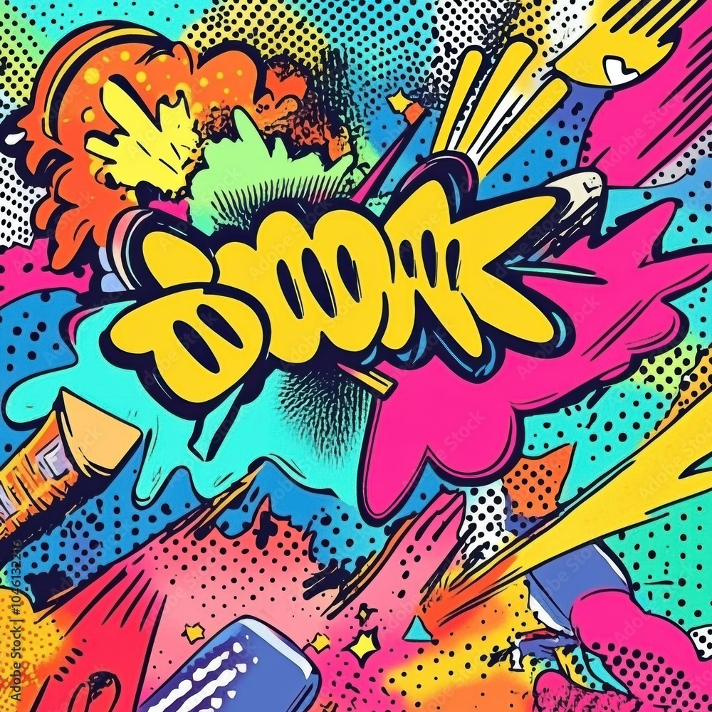 Poster vibrant doodles burst with sound effects like boom and bam, capturing the excitement of an animated 