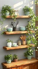 Wooden shelves with plants and kitchenware against a grey wall.