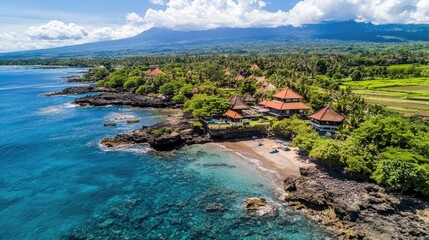Fototapeta premium Serene Tropical Beach with Lush Greenery and Mountains