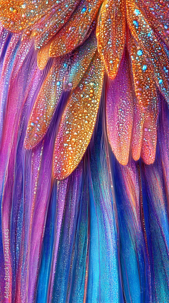 Poster closeup of a flower with dew drops on petals, creating a colorful abstract texture.