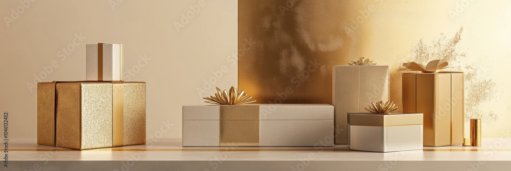 Aufkleber elegant geometric gift boxes of various sizes are displayed on a shelf, enhanced by warm lighting an