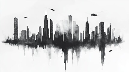 Naklejka premium Black and White Watercolor Cityscape with Flying Helicopters