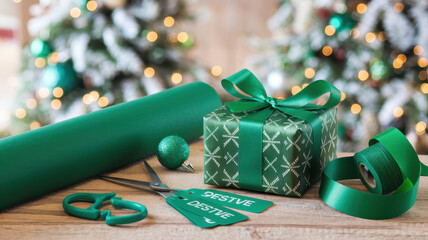 festive holiday gift wrapping station with green decorations and tools
