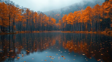A PNG of a calm lake reflecting the autumn trees around it, with leaves floating on the water.