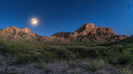 A full moon rises over a mountain range at night.