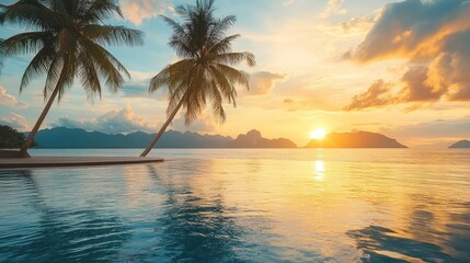 Obraz premium Serene Sunset Over Tranquil Ocean and Palm Trees