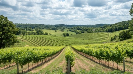 Fototapeta premium Lush Vineyard Landscape Under a Blue Sky
