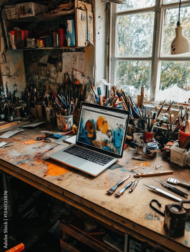 Aufkleber a cluttered desk features a laptop displaying bright artwork, surrounded by various art supplies and