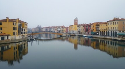 Obraz premium Tranquil Canal Scene in a Misty Italian Town
