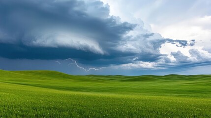 Obraz premium Vast green fields under a dramatic sky with dark clouds and contrasting light.