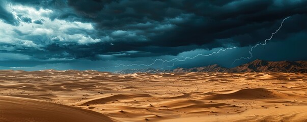 Obraz premium Desert landscape with dramatic stormy skies and lightning strikes in the distance.