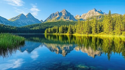 Fototapeta premium Serene Mountain Lake with Clear Reflections
