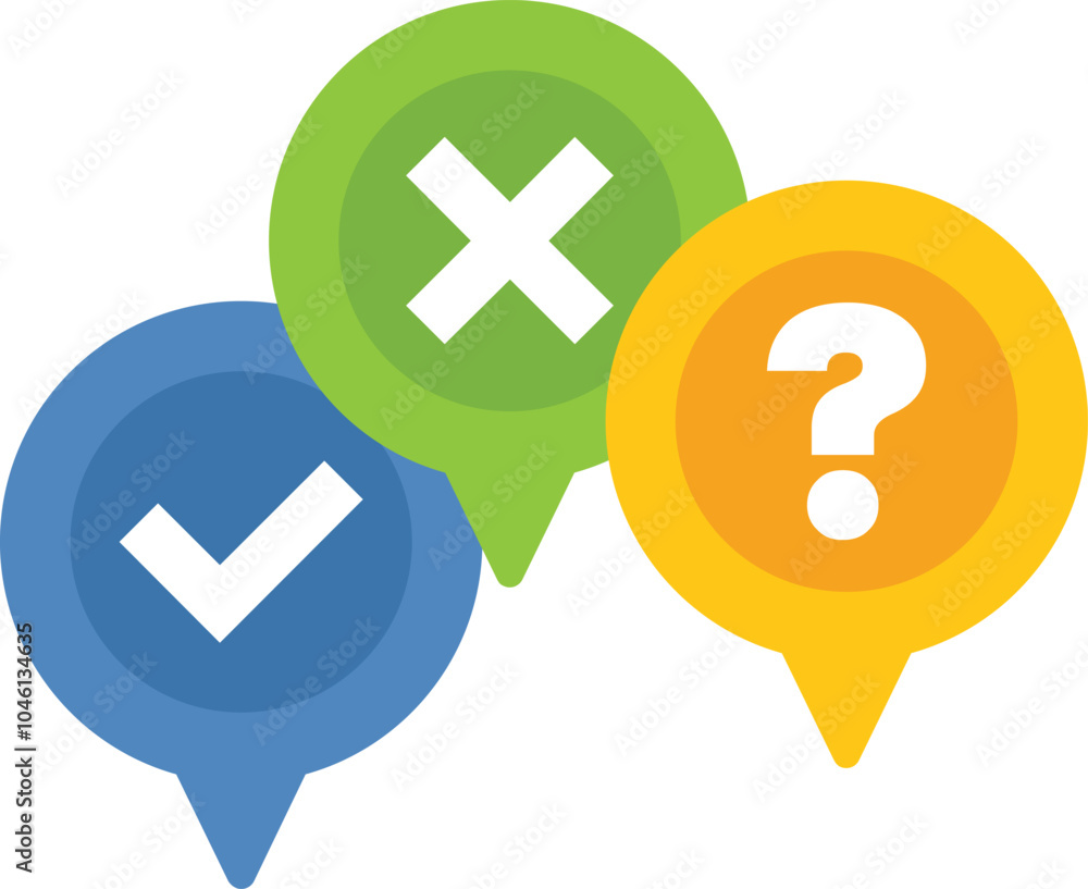 Poster concept of choosing correct answer, making decision, doubt and poll, with check mark, cross mark and