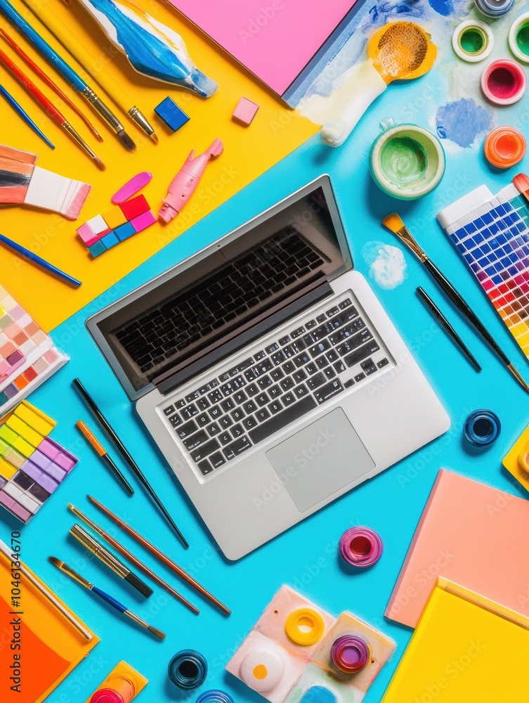 Aufkleber brightly colored art supplies and a laptop are spread across a vibrant desk, creating an inviting at