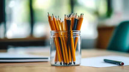 collection of sharpened pencils in a clear jar on a desk
