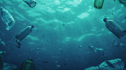 Fototapeta premium Ocean Scene with Floating Plastic Waste Underwater