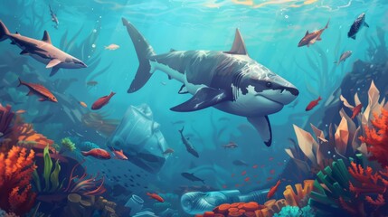 Obraz premium Underwater Scene with Plastic Waste Contamination