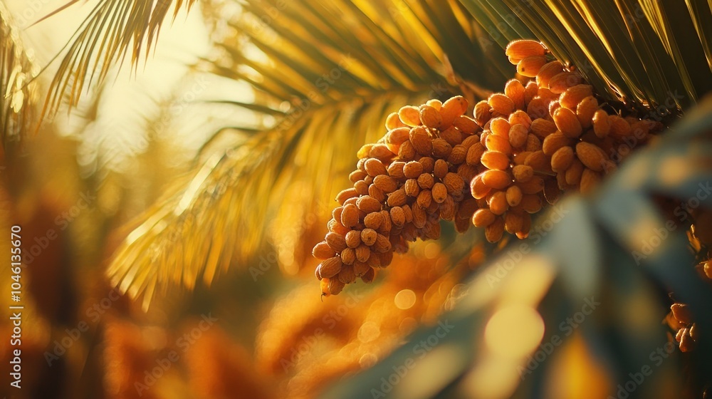 Poster close-up of a cluster of ripe yellow dates hanging from a palm tree in the warm sunlight.