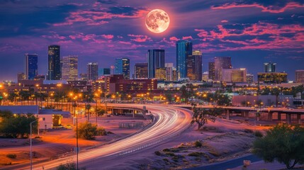 Fototapeta premium A full moon shines over a cityscape with a highway in the foreground.