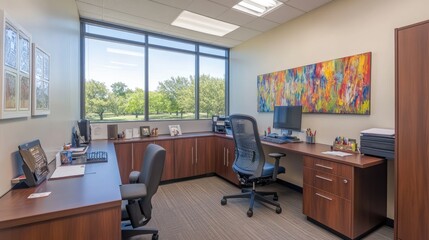 Modern Office Interior with Colorful Artwork and View