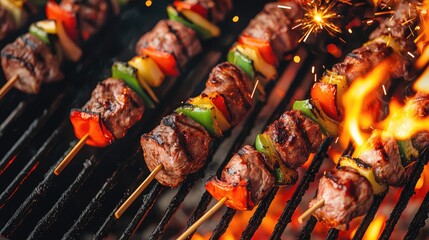 Grilled meat skewers with colorful vegetables on barbecue grill, flames and sparks.