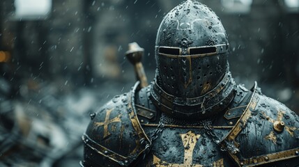 Golden Cross Medieval Armor: Dark Fantasy, Hyper Realistic Close-Up