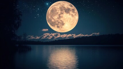 A large, full moon hangs over a still lake, reflecting in the water with a beautiful starry sky above.