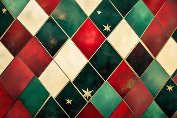 A festive geometric composition inspired by holiday wrapping paper, with interconnected diamonds and star shapes in red, green, and metallic gold. The pattern creates a repeating.